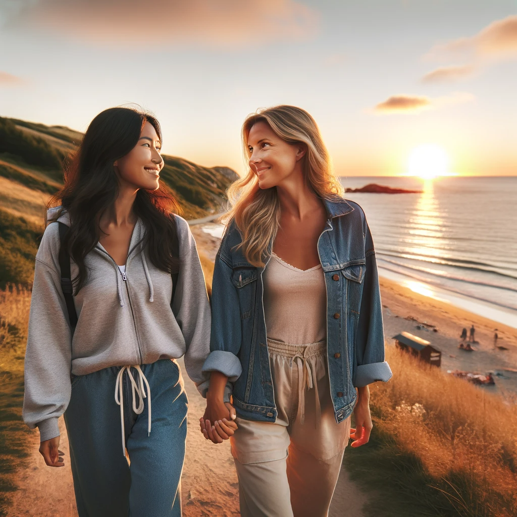 Two lesbian woman holding hands walking on path that overlooks the beach at sunset. 