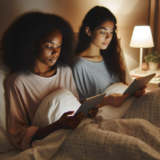 picture of two women in bed sitting next to each other with the covers on. They are both propped up in bed by their own pillows. One woman is reading a book and the other is on their tablet device.