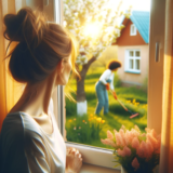 picture of a woman looking through her curtains at another woman doing yardwork. It is sunny and warm. Colors are soft