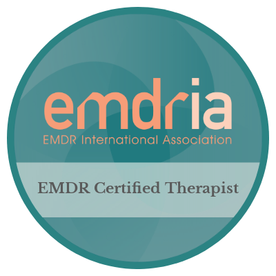 Round green image with words "emdria" on the first line in orange font, "EMDR International Association" on second line in orange font and "EMDR Certified Therapist" in gray font on the third line of text. This certifies that Amie Lowery-Luyties at Long Beach Therapy is EMDR Certified.