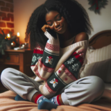 A photo of a woman on a bed, adorned in comfortable sweatpants and a colorful holiday sweater, engrossed in a call with a friend.